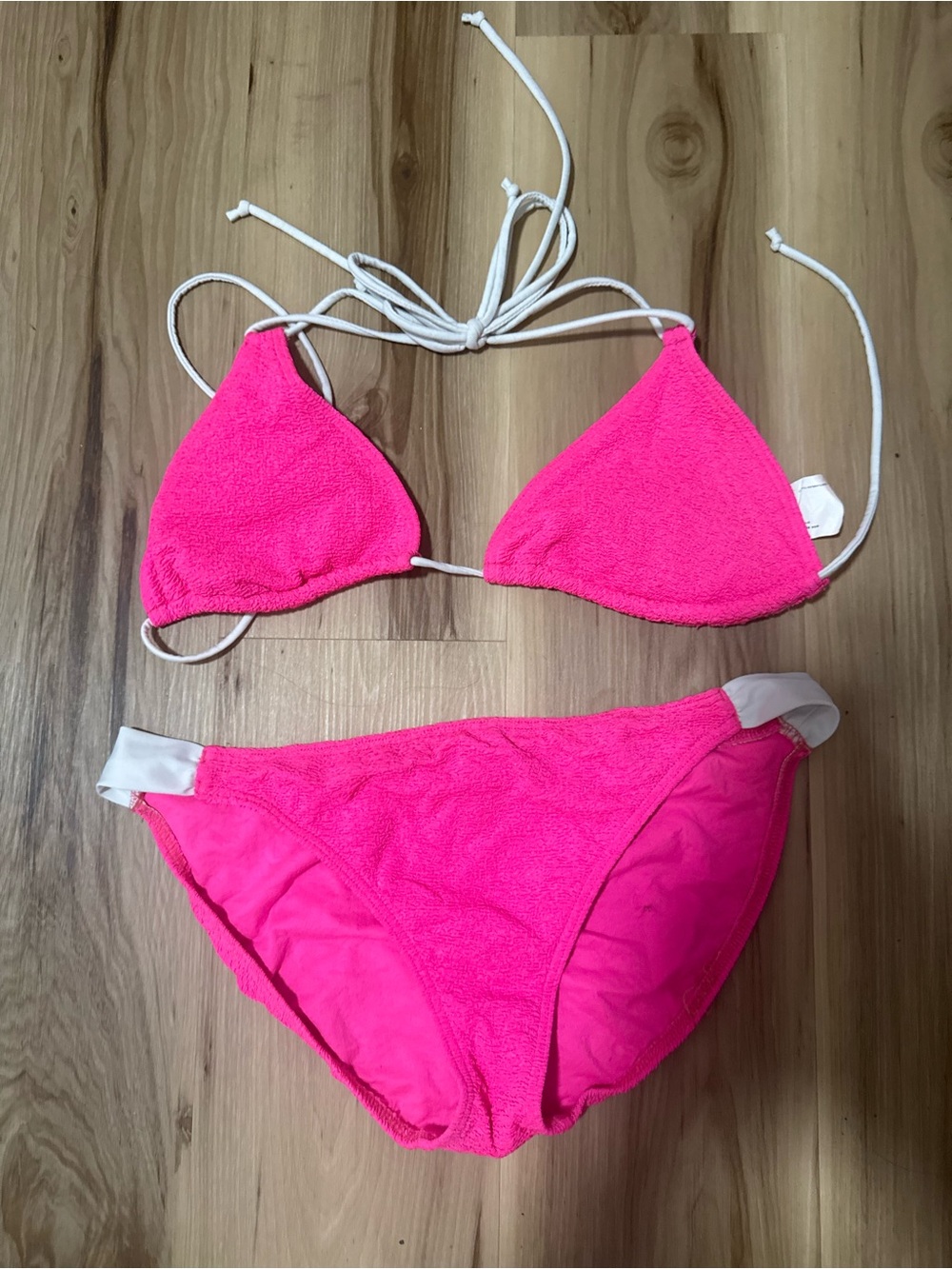 Hot Pink Triangle Tie Bikini Set with White Straps